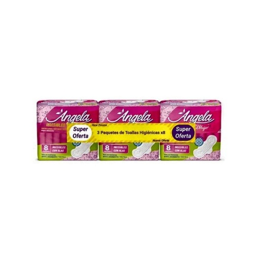 OFERTA 3 PAQ TOALLA HIGIENICA INVISIBLE ANGELA x 8 UNDS PACK